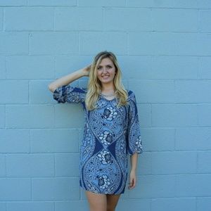 Blue and cream shift dress